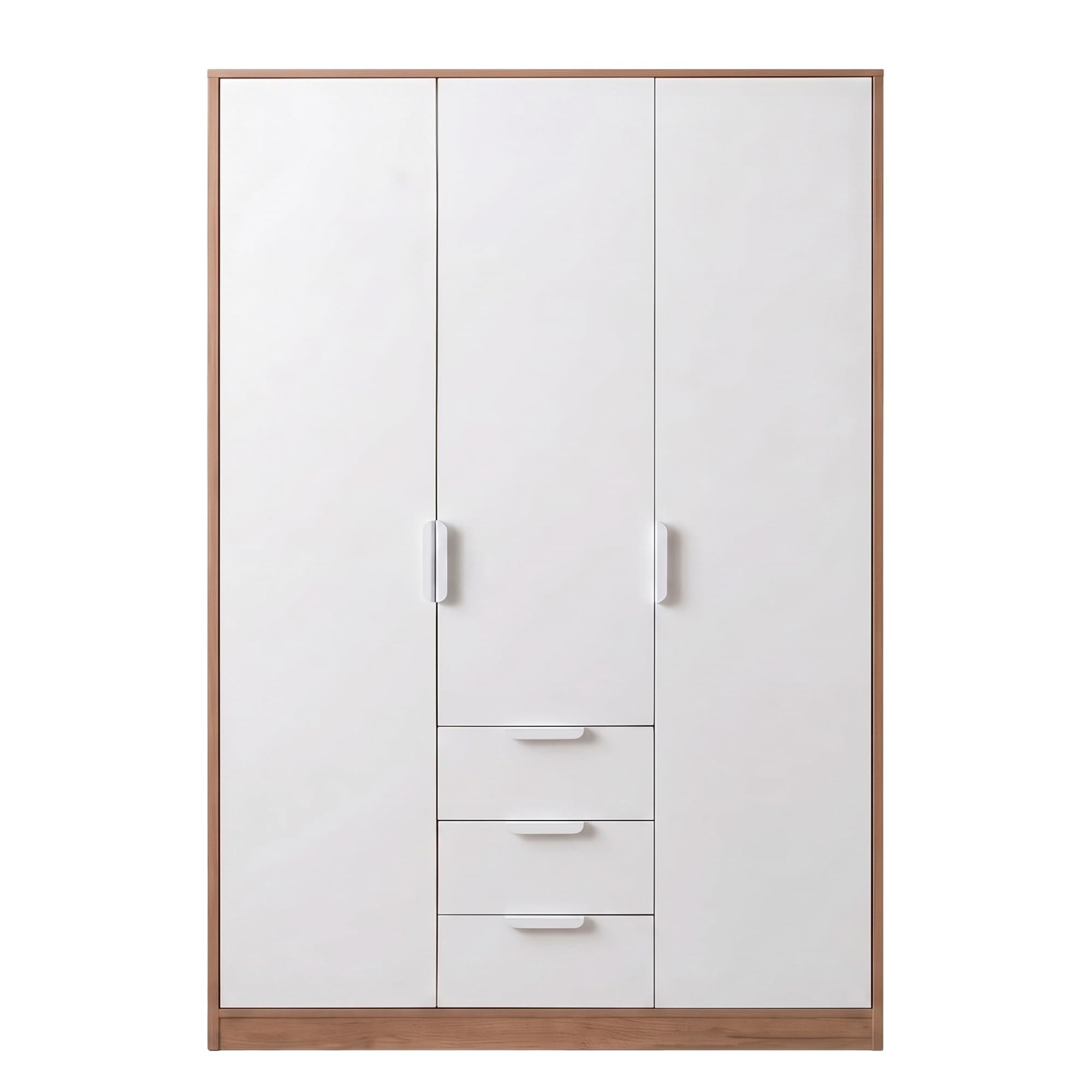 Kleiderschrank 3-türig Weiß & Eiche-Optik Drehtürenschrank | Schlafzimmerschrank Mehrzweckschrank 2 Kleiderstangen 4 Fächer 3 Schubladen 176x120x52 cm Stauraum
