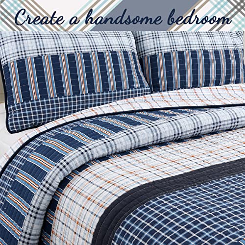 Cozy Line Home Fashions Bennett Quilt Bedding Set, Nautical Navy Orange Grid Striped 100% Cotton Reversible Coverlet Bedspread for Boy (Navy Orange, Twin - 2 Piece) - Image 2