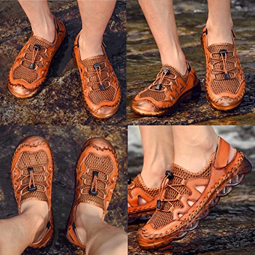 Qiucdzi Mens Closed Toe Sandals, Sport Sandals Casual Leather Handmade Sandals Adjustable Fisherman Beach Sandals For Outdoor Walking Driving #TOP6