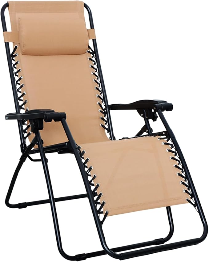 Amazon Basics Outdoor Textilene Adjustable Zero Gravity Folding Reclining Lounge Chair with Pillow, 26", Beige