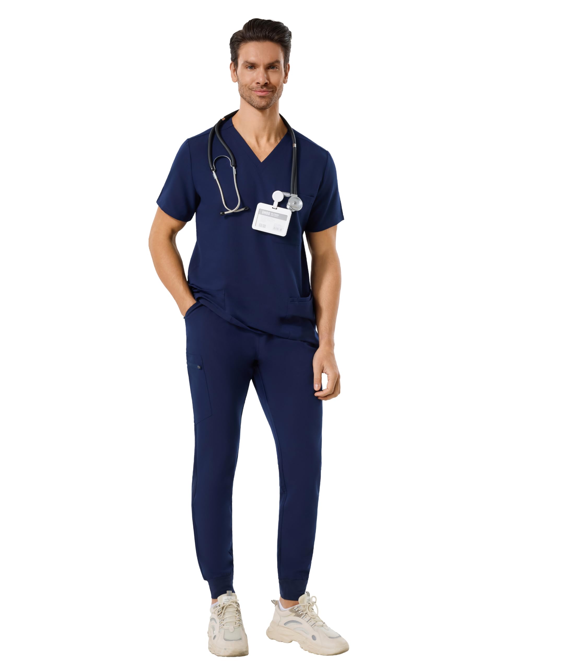 SUNCHIRI Men's Scrub Set - 4 Pockets Stretchy V-Neck Scrub Top & 5 Pockets Jogger Pants, Anti-Wrinkle Scrubs (M-XXL)