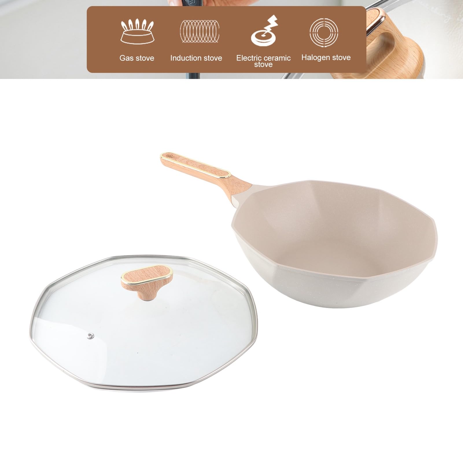 Patelnia Ośmiokątna z powłoką nieprzywierającą 32 cm Wok ze stopu aluminium, do kuchenki gazowej i płyty ceramicznej