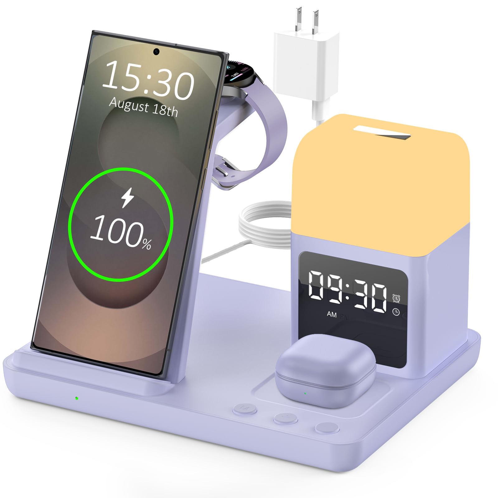 Wireless Charger for Samsung/Android Charging Station, 6 in 1 Fast Watch Charger with Alarm Clock-Night Light, Compatible for Galaxy S25 Ultra/S24,