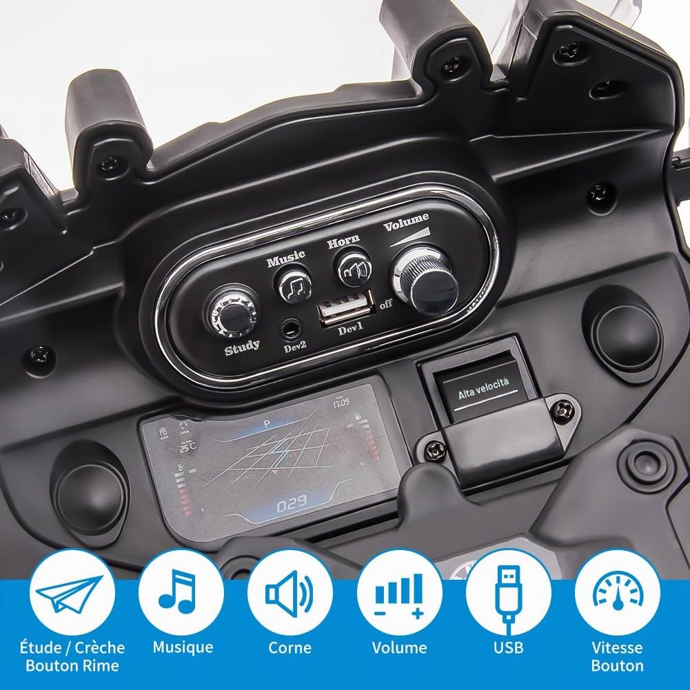 Ride On - Motocicletta della polizia, 12 V 7 Ah con licenza BMW per bambini a 2 velocità, fari LED, sospensioni, MP3, musica e ruote di supporto