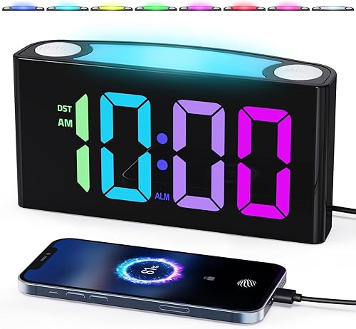 PPLEE RGB Digital Clock-Alarm Clocks for Bedrooms,Large Bold Number 7 Dimmers,Battery Backup Loud Alarm Clock,8 Modes Night Light,Dual Charger