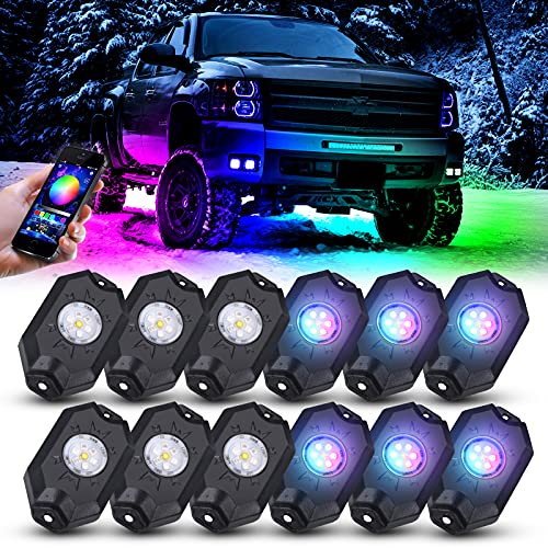 SUP-LIGHT RGB LED Rock Lights Kit, 12 pods Neon Light Pod with Bluetooth App Control Timing Function, Music Mode IP68 Light for Truck ATV UTV RZR SUV SUP-LIGHT RGB LED Rock Lights Kit, 12 pods Neon Light Pod with Bluetooth App Control Timing Function, Music Mode IP68 Light for Truck ATV UTV RZR SUV