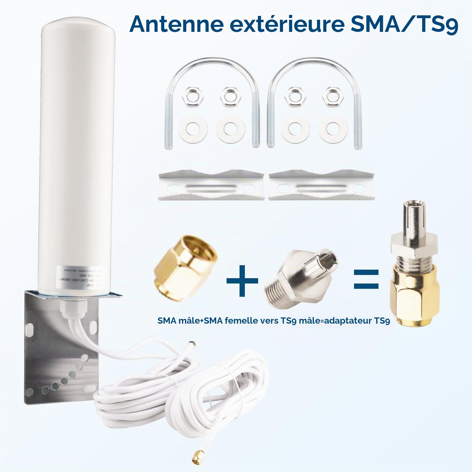 Antenne extérieure 4G 5G LTE 10dBi SMA TS9 Adaptateur 698-2700 3300-3800 MHz Antenne WiFi à gain élevé Extérieur Faible perte Double SMA mâle 5 m Câble RG58 4G LTE Routeur omnidirectionnel