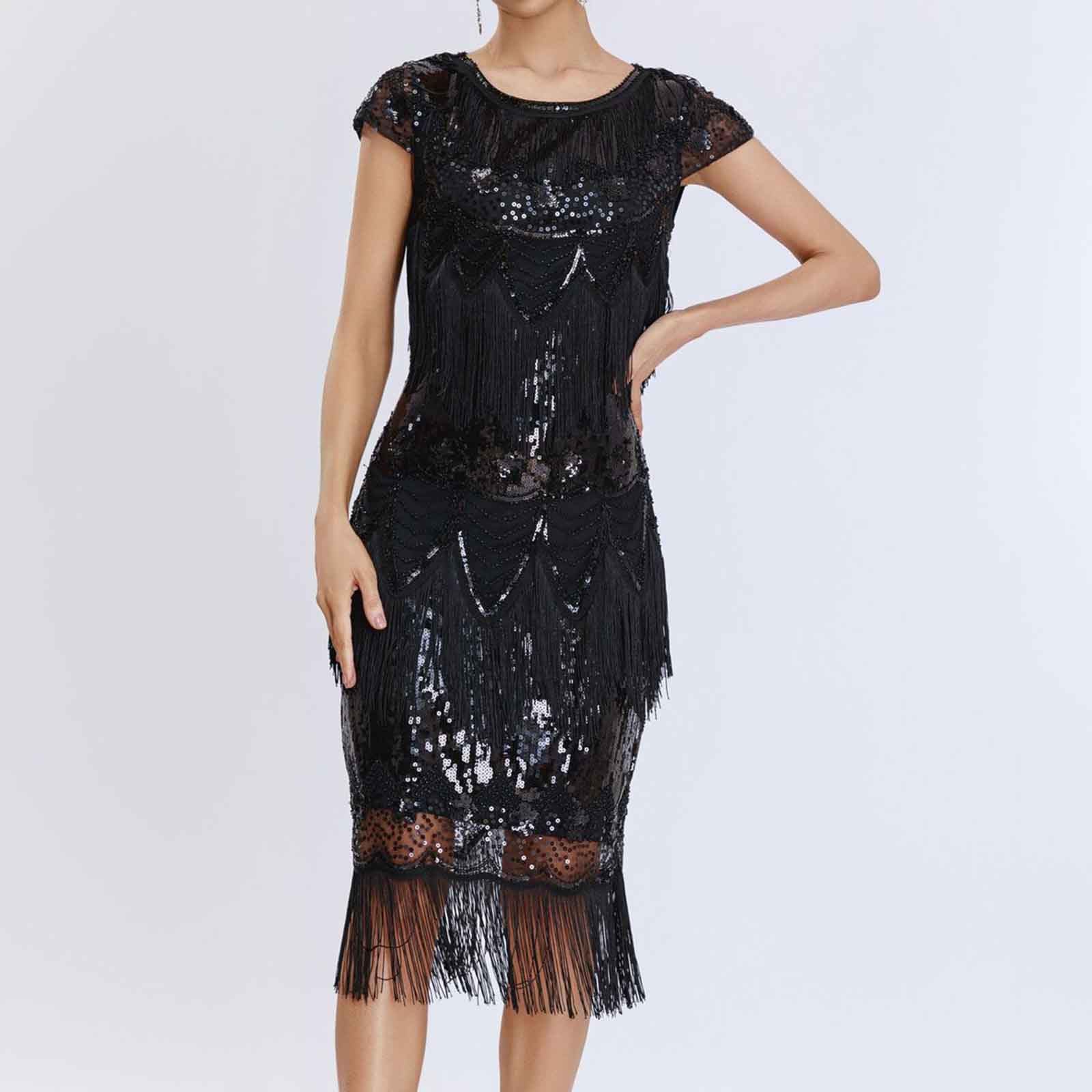 HAOLEI Abito da Donna Anni ‘20 Abito da Donna Sexy con Spacco Lungo Elegante a Tracolla Scollo a V Profondo con Paillettes Vestito Cocktail da Sera Estivo