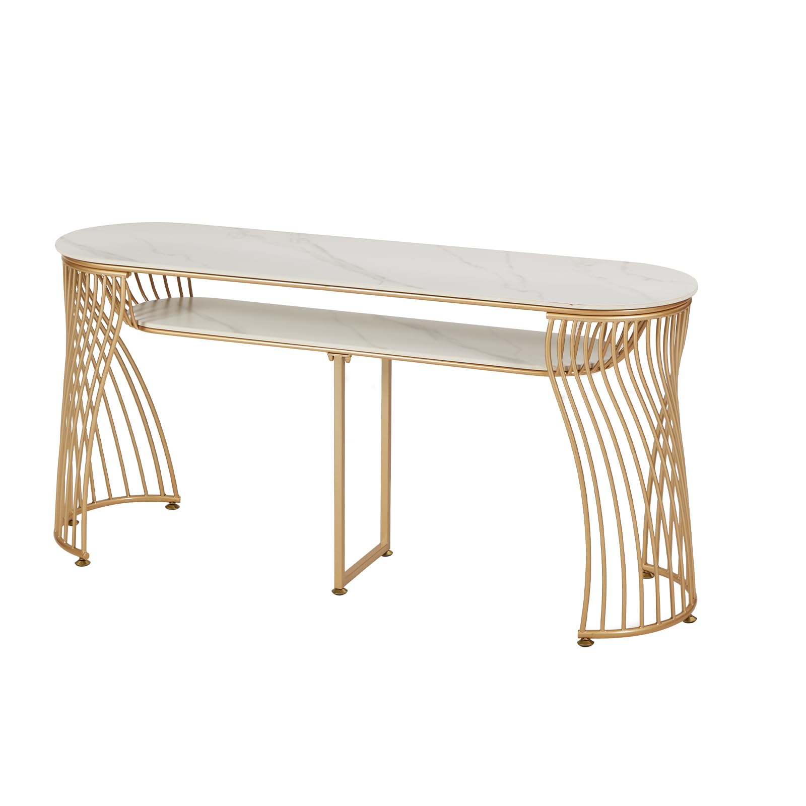 Tavolo per manicure con piano in marmo e gambe in metallo, 160x45x78 cm, forma curva, cassetto, colore oro
