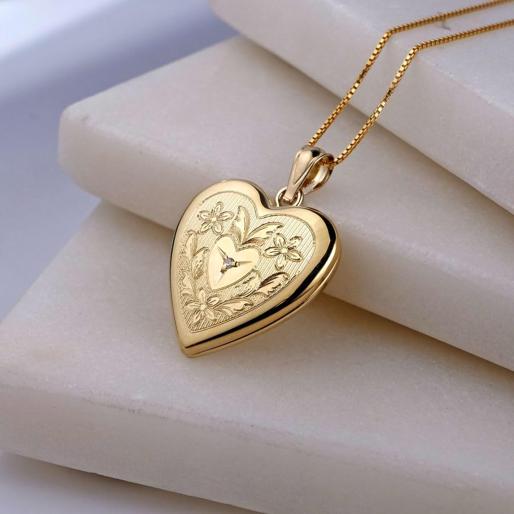 PicturesOnGold.com 14K Gold Filled Floral Heart Photo Locket with Diamond - 3/4 inch x 3/4 inch - Includes 18 inch Chain - Image 6