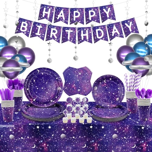 Space Galaxy Party Supplies Tableware Set Includes Banner Plates Cupcake Topper Napkins Cups Tablecloth Balloons Foil Balloons for 20 Guests Galaxy Outer Space Theme Birthday Party Decoration