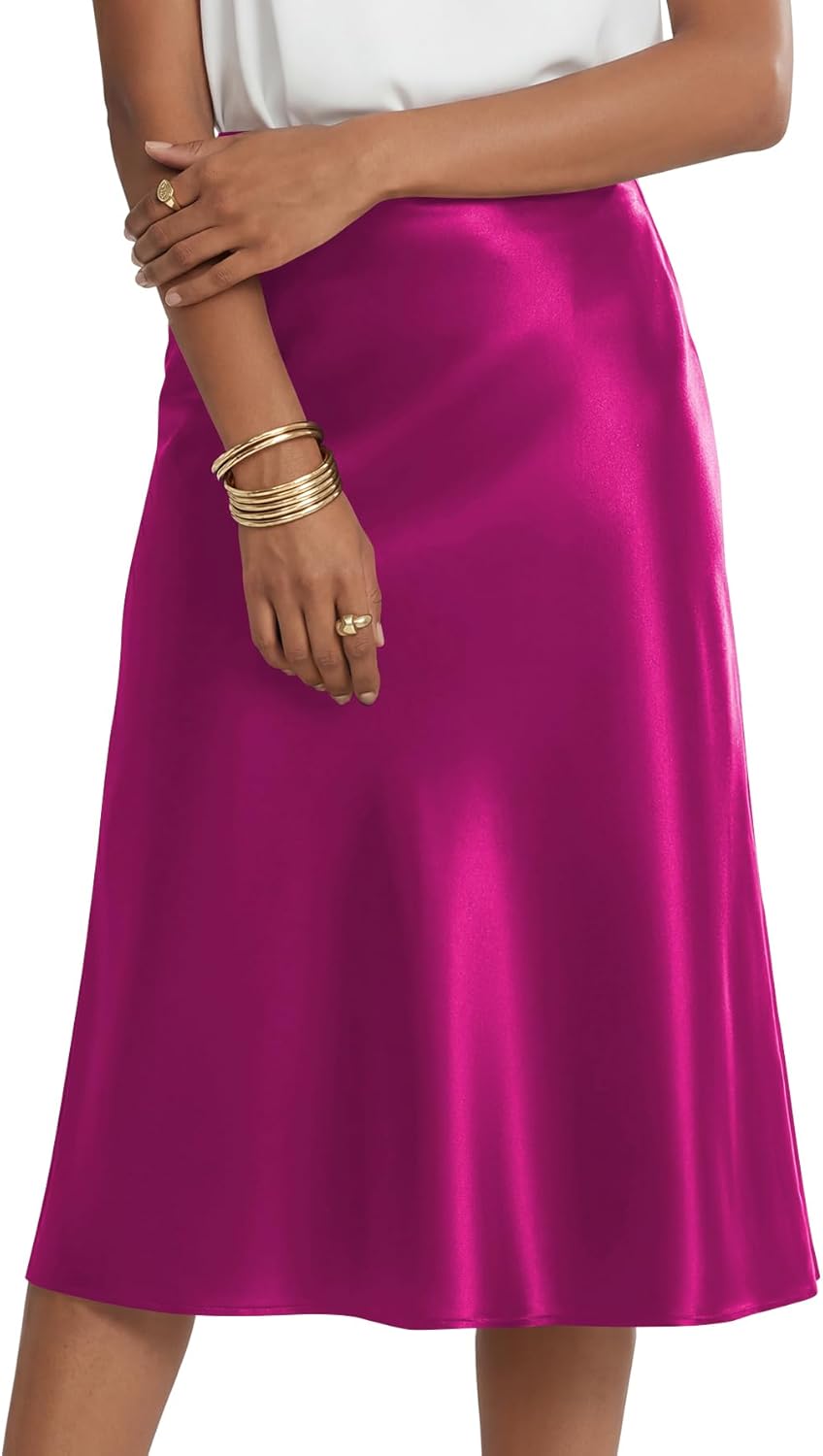 Rooscier Women's Silky Satin High Waist A Line Flared Zipper Elegant Midi Skirt - Image 5