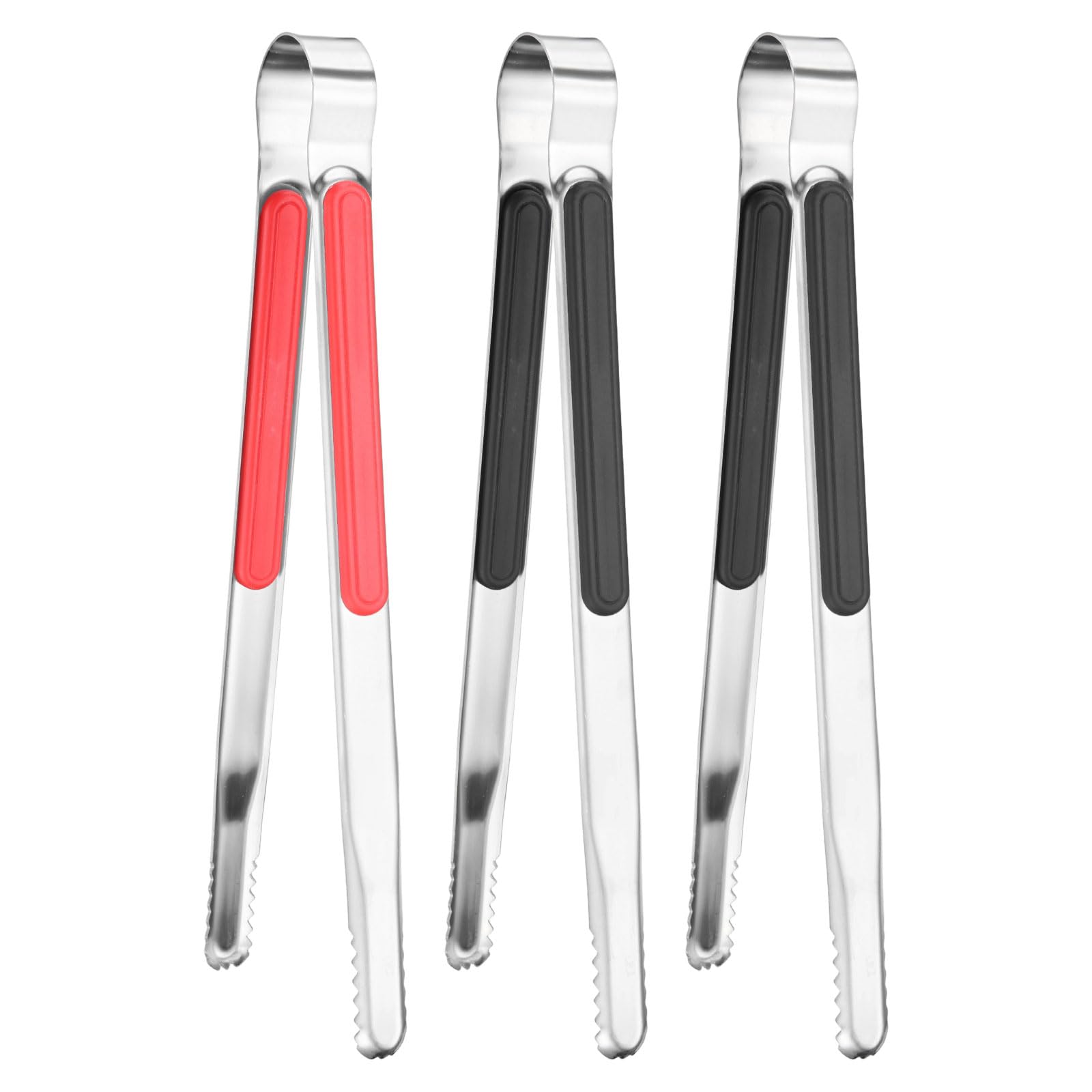 M METERXITY 3-Pack Grill Tongs, 10 Inch Non-Slip 410 Stainless Steel Locking Tongs for Cooking/Buffet/Outdoors Barbecue, Korean BBQ Tweezers Metal Clamp Tool [Red, Black]
