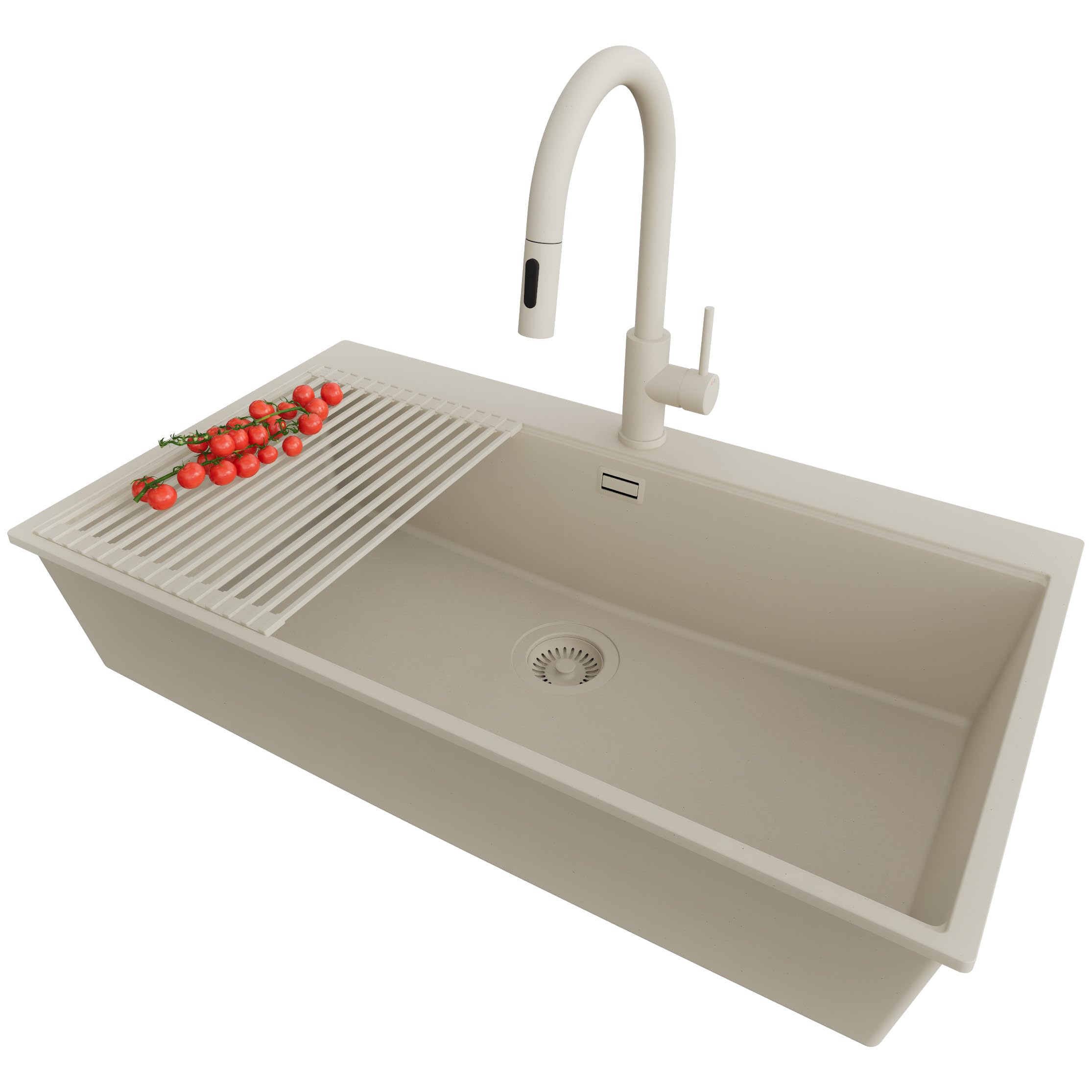 PRIMAGRAN Fregadero Granito Todo Beige - Oslo 90 Top, 88x50cm | Cocina 1 Seno + Grifo 40x20cm + Set de accesorios, sobre Encimera al Mueble 90cm (S702)