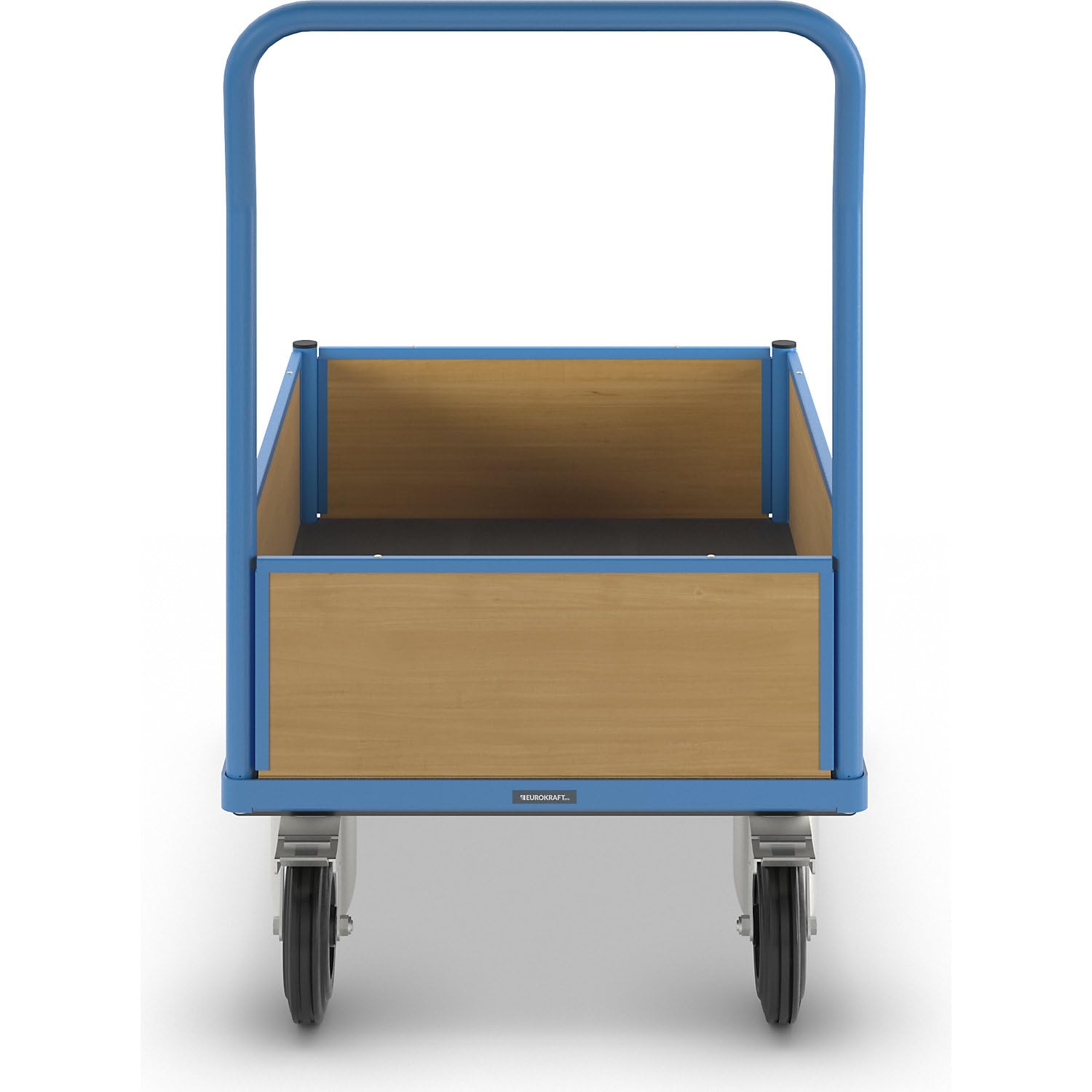 eurokraft pro | Plattformwagen mit Holzwänden | Mit 4 halbhohen Wänden, LxB 1050 x 700 mm, Vollgummi