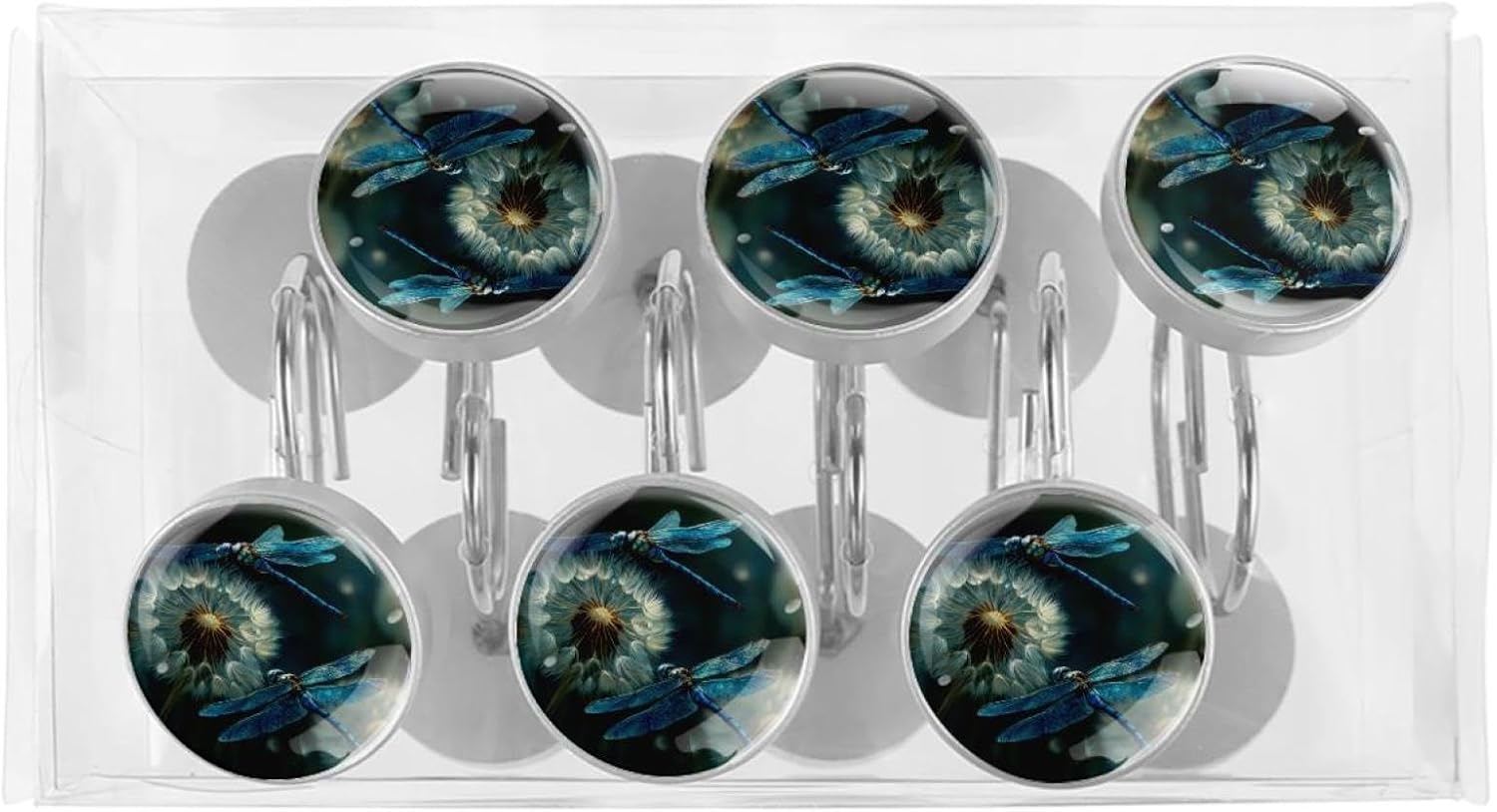 Blue Dragonflies Flying Around Dandelion (1) Round Crystal Glass Decorative Shower Curtain Hooks with 3D Pattern Visual, Rust Proof Shower Curtain Rings-12 Pack