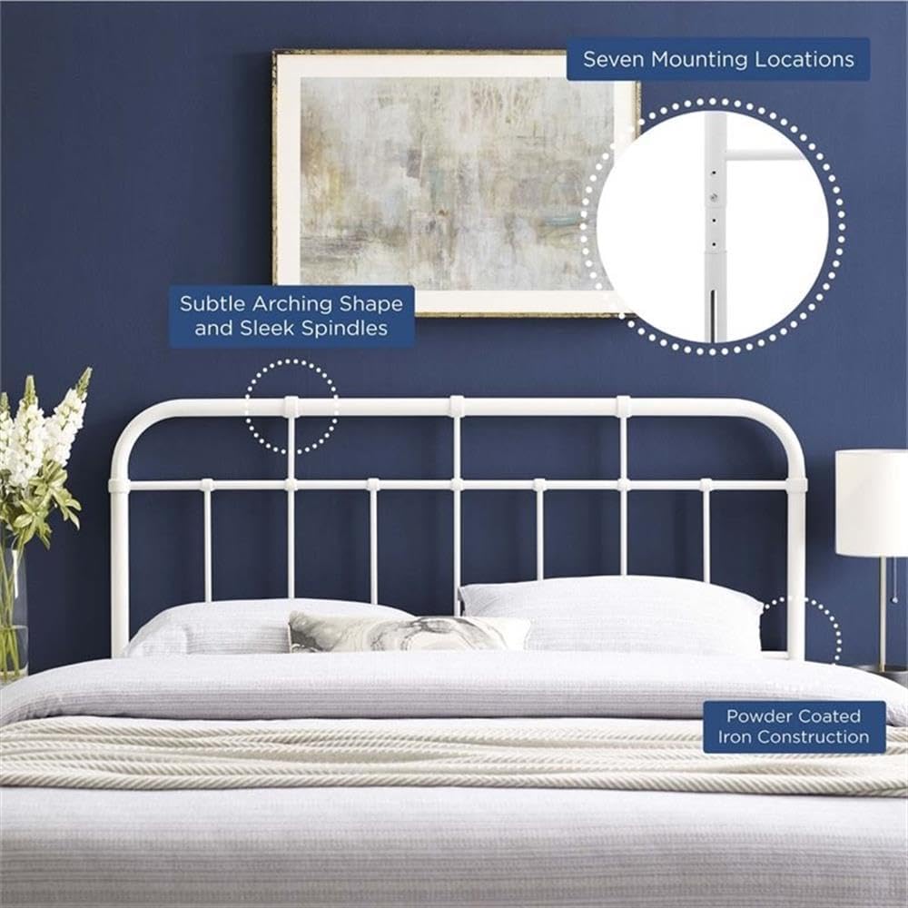 Pemberly Row King Metal Spindle Headboard, Height Adjustable White Powder-Coated Iron, 40.5-51.5 in H x 76.5 in W, Modern Farmhouse Style, Durable Construction for Master or Guest Bedroom