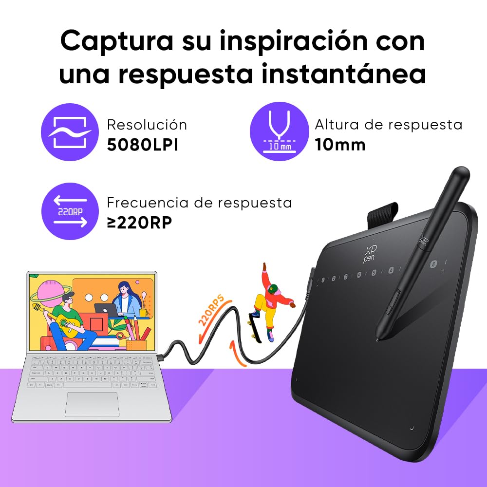 XPPen Deco 640 Tableta Gráfica Portátil 16K Niveles Inclinación 60°, Tableta Gráfica Dibujo Digital para OSU Compatible con Windows, macOS, Android, Chrome OS, Linux, Área Activo 16 cm x 9 cm