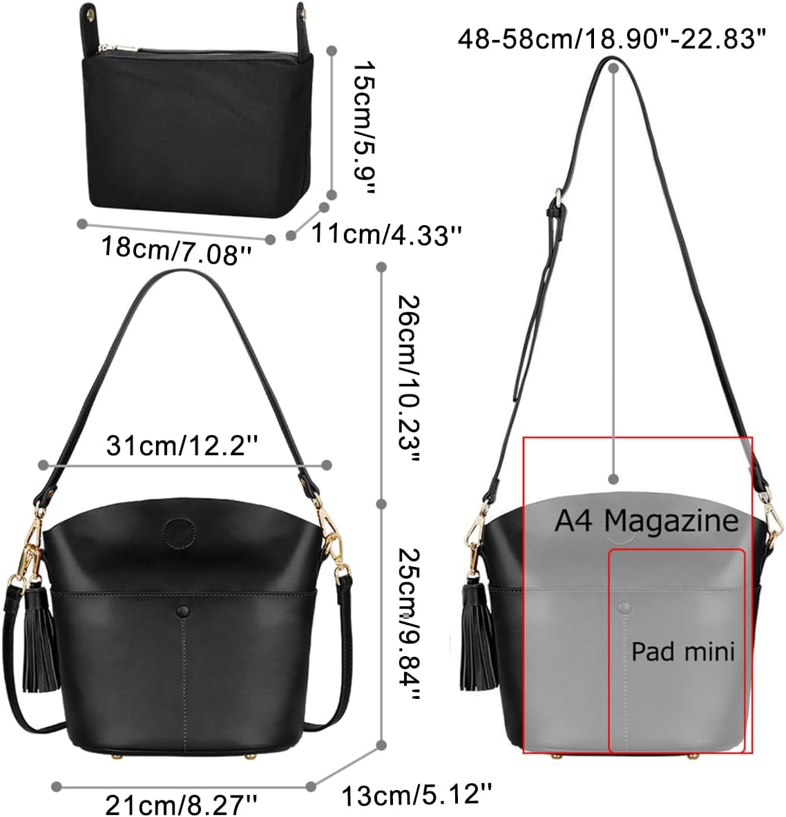 S-ZONE Women Small Cow Split Genuine Leather Crossbody Bucket Bag Shoulder Purse Handbag - Image 5