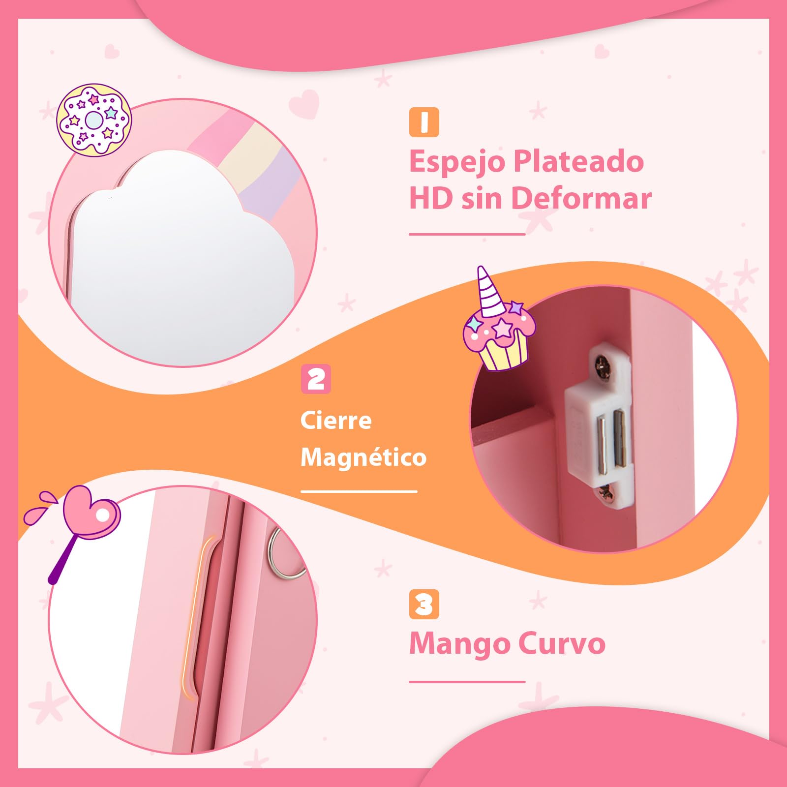 COSTWAY Armario para Joyas para Niños, Unicornio Espejo Joyero de Cuerpo Entero con Almacenamiento y 2 Ángulos Inclinados, Espejo de Vanidad con Ganchos, Estantes y Cajones (Rosa)