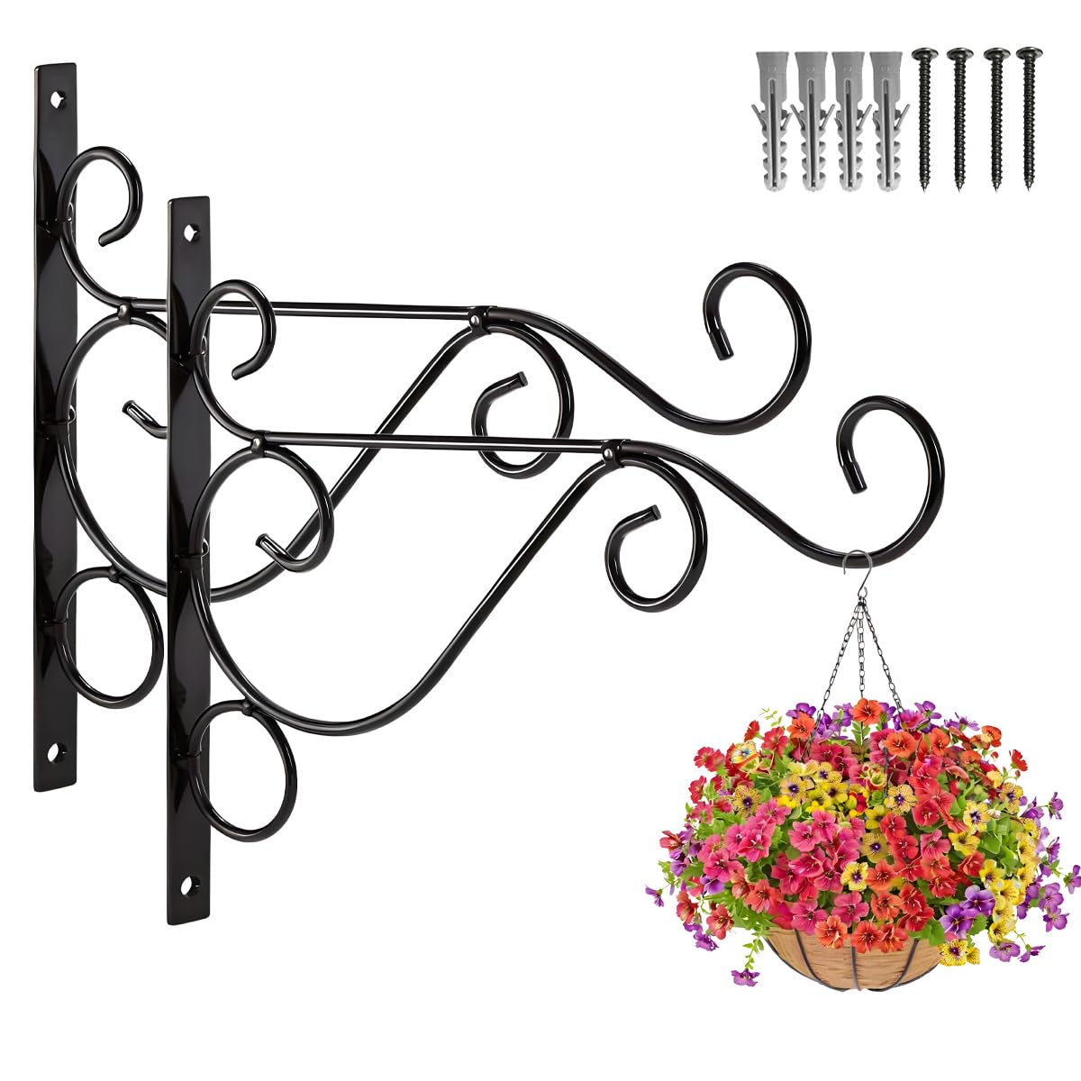 Ljying 2 Pack 25Cm Outdoor Hanging Basket Brackets - Heavy Duty Wrought Iron Plant Hanger Wall Hooks For Bird Feeders, Planters, Lanterns, Fence & Wind Chimes (2 Pack)