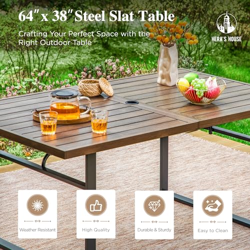 Image of HERA'S HOUSE Patio Table for 6, Brown Metal Dining Table w /Umbrella Hole