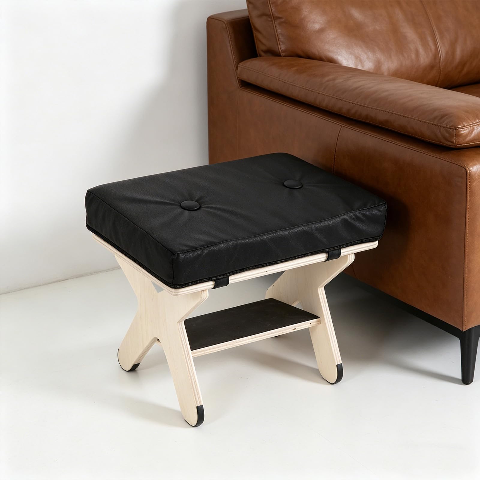FRCOLOR Reposapiés de Madera Maciza Negro con Patas X y Base Antideslizante