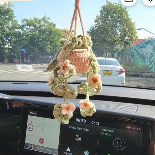 JHIALG Colgador de plantas hecho a mano de ganchillo bohemio para decoración de espejo retrovisor del coche