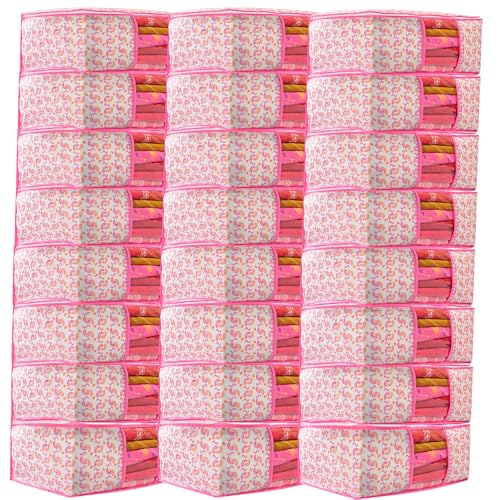 Image of Non-Woven Saree Covers with Zipper & Transparent Window | Clothes Storage Bags for Wardrobe Organization | Dustproof Garment Storage for Sarees, Dresses, and Clothes (Pink, Pack of 24)