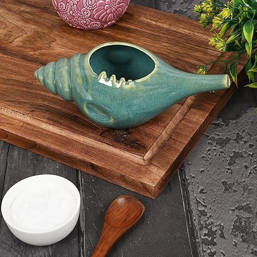 Image of Leak Proof Durable Ceramic Neti Pot with Nostril Plugging Support Better Capacity Holds 300 ml Spill Proof with Comfort Grip Lead Free Microwave Dishwasher Safe (Light Green)