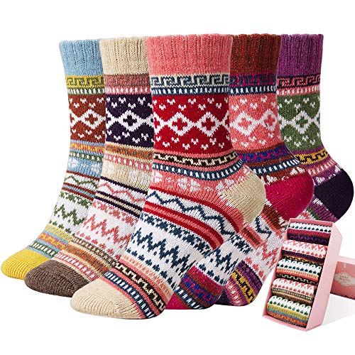 ICEIVY Womens Socks 5 Pairs Wool Warm Cotton Thick Vintage Casual Winter Cabin Crew Fuzzy Socks Gifts For Women