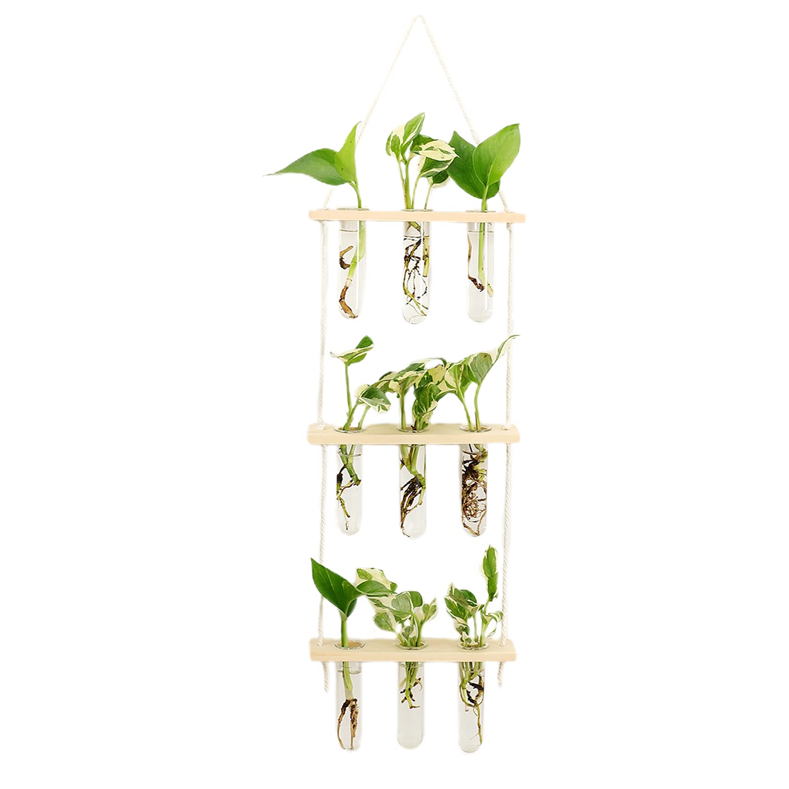 WERTSWF Hydroponic Plants Terrarium Cuttings Buds Propagation Stations 3 Tier Wall Hanging Glass Planters with Wooden Holder - 9 Test Tube, Khaki