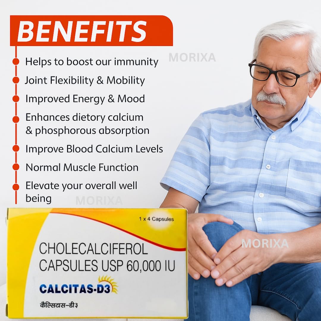 MORIXA Calcitas D3 Capsule | Vitamin D3 60000 IU Cholecalciferol Supplement | Supports Bone, Teeth, Muscle & Immunity Health | 5 Strips x 4 Capsules (20 Capsules) 3