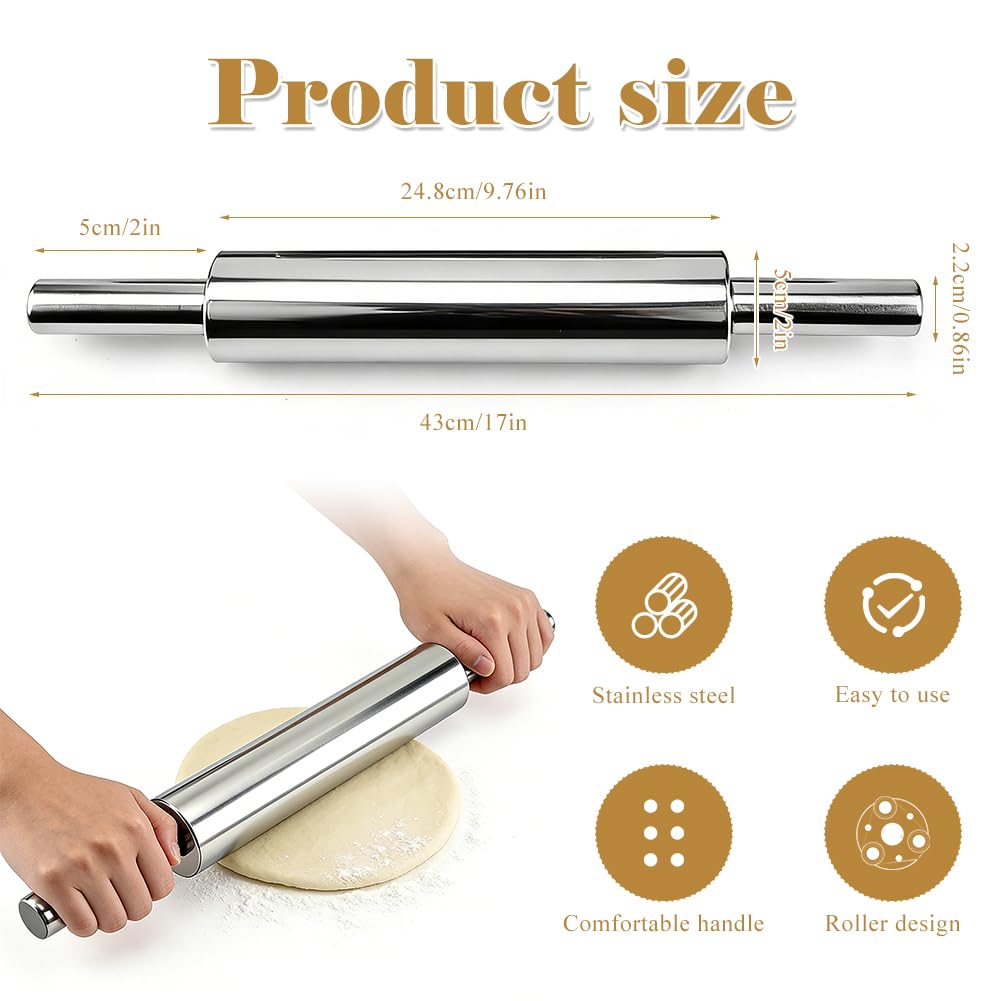 Mattarello in Acciaio Inossidabile, 43 cm con Superficie Antiaderente, Rullo per Pizza, Fondente, Torte e Altro, Igienico e Lavabile in Lavastoviglie