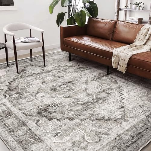 Washable Area Rug 9'x12' Deep Khaki Retro Flowers Boho Design Non-Shedding Easy Care Ideal for High Traffic Areas in Living Room Bedroom Office Coffee Table Kitchen Large Carpet