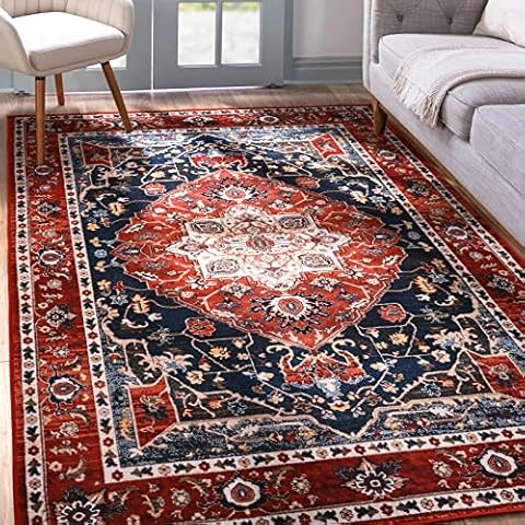 YJ.GWL Area Rug 4x6, Boho Vintage Washable Bedroom Rug, Soft Accent Rugs for Living Room Dining Room, Non-Slip Non-Shedding Low-Pile Entryway Rug Floor Carpet, Red Cover
