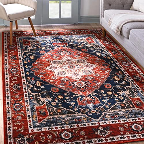 YJ.GWL Area Rug 3×5, Boho Vintage Washable Entryway Rug, Soft Accent Rugs for Bedroom Living Room Entrance Kitchen, Non-Slip Non-Shedding Low-Pile Floor Carpet Doormat, Red