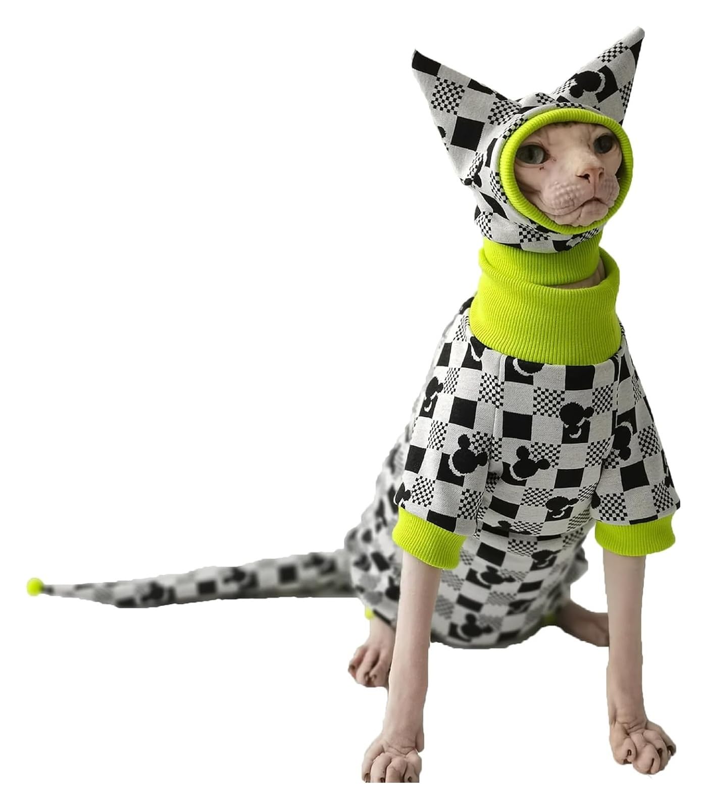 Odzież dla kotów, Kombinezon dla kota, Tylko piżamy kotów, Onesies zwierząt, Bezwłose ubranka z czapeczką i osłoną ogona, Komplet ubranek | Full Set,Large