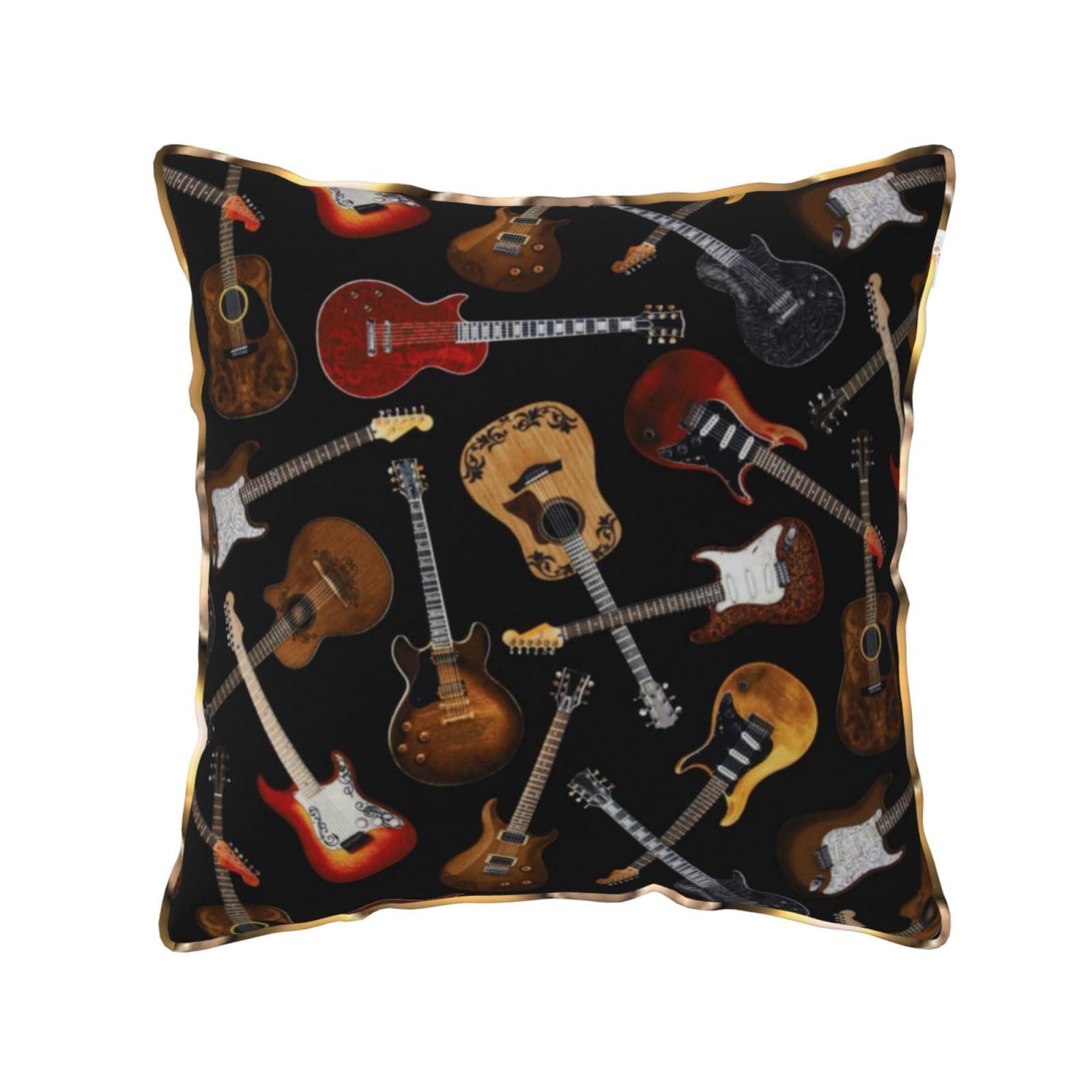 AUBKFELD Guitars Printed Velvet Cushion Cover 50x50 CM with Gold Edging Strip, Square Pillowcase Soft Throw Pillow Covers Case Decorative for Living Room Sofa Couch Bed Bench