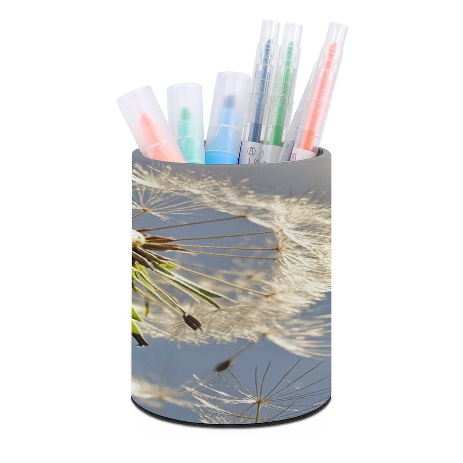FekiLoot PU Leather Round Pen Holder Dandelion Pencil Holder Desk Organizer Pen Organizer Pen Cup Pencil Cup Caddy Desktop Stationery Organizers for Office Home Supplies
