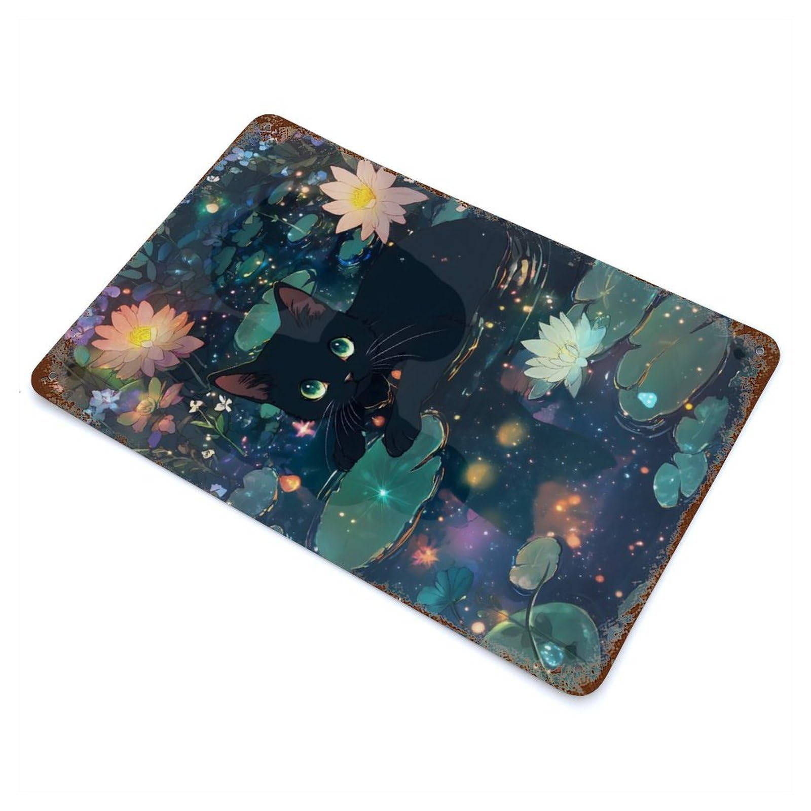 Retro Metal Sign with Black Cat in A Starry Pond Design 11.8"x7.9", for Office, Studio And Wall Decor, Retro Wall Decor