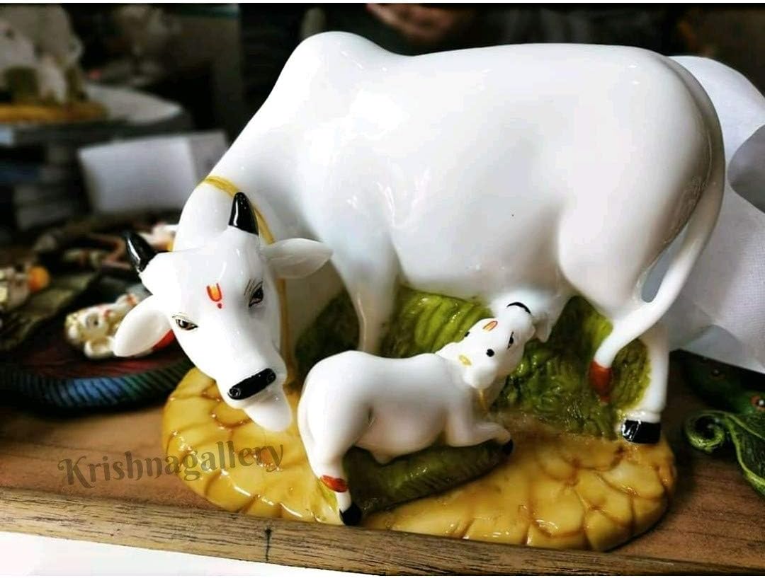 KRISHNAGALLERY1 Marble Look Kamdhenu Cow with Calf Statue Murti for Home Pooja Gift Showpiece Idol 5 Inch( White)