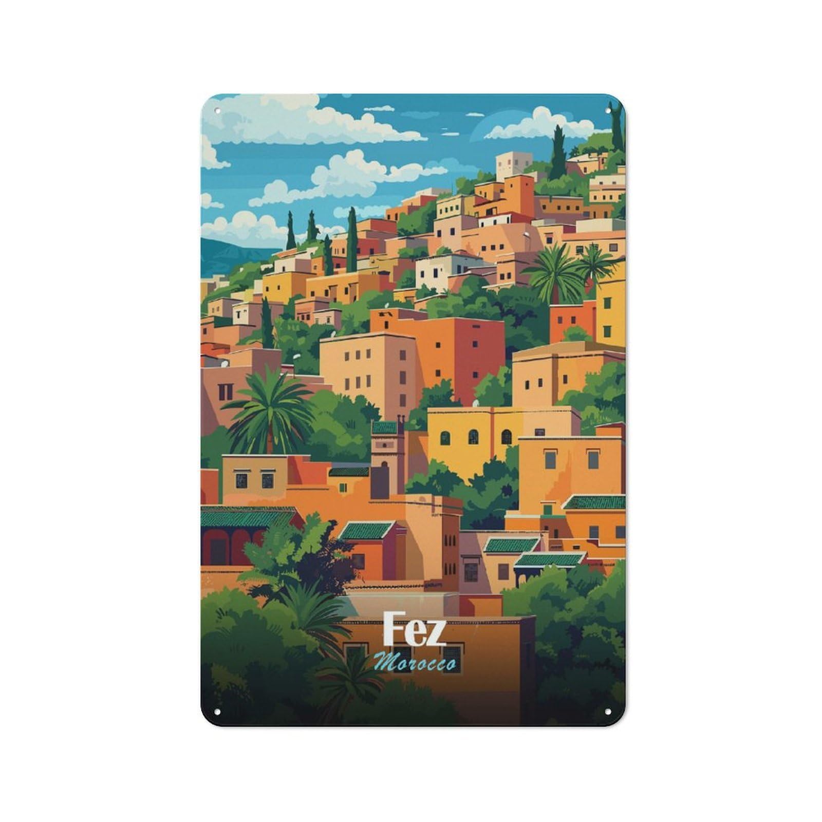 Junmoney Style-23 Classic Vintage Metal Sign 30X20cm Featuring Fez, Morocco Cityscape Illustration, Classic Pub Decor For Bar, Kitchen, Garage Or Games Room