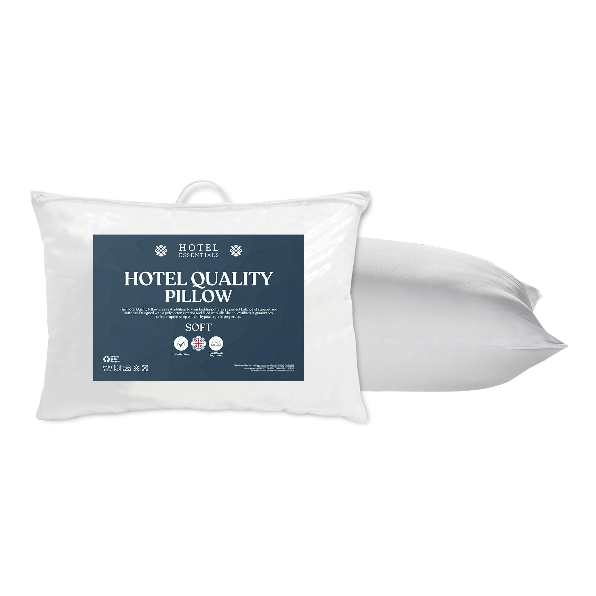 Hotel Essential Hotel Quality Feels Like Down Anti-Allergy White Pillow Pack of 1-Hypoallergenic Polycotton Cover Soft Support Pillows for Stomach Sleepers Filled with Bouncy Hollowfibre (46cm x 74cm)