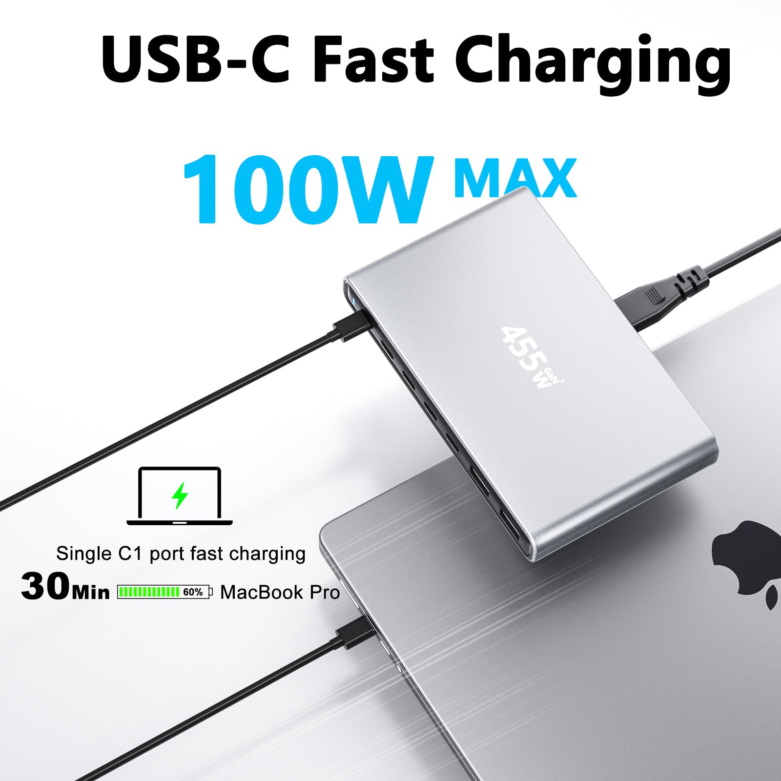 Ładowarka USB C, 455 W, 7 portów USB, wieloportowa stacja szybkiego ładowania, GaN PD PPS, zasilacz kompatybilny z MacBook Pro/Air, Dell, iPhone, Galaxy, laptopami, tabletami, telefonami komórkowymi