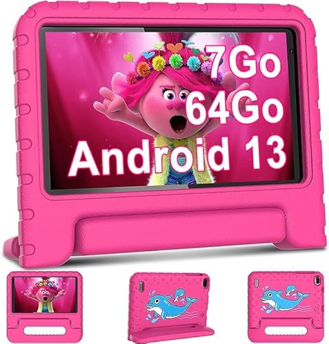 AOCWEI Tablette pour Enfants Android 13 Tablettes 7 Pouces HD avec 7Go + 64Go (TF 512Go) Quad-Core | WiFi 6 | Dual Cameras | Parental Control | Bluetooth 5.0 | Couverture Protectrice, Rose Rouge