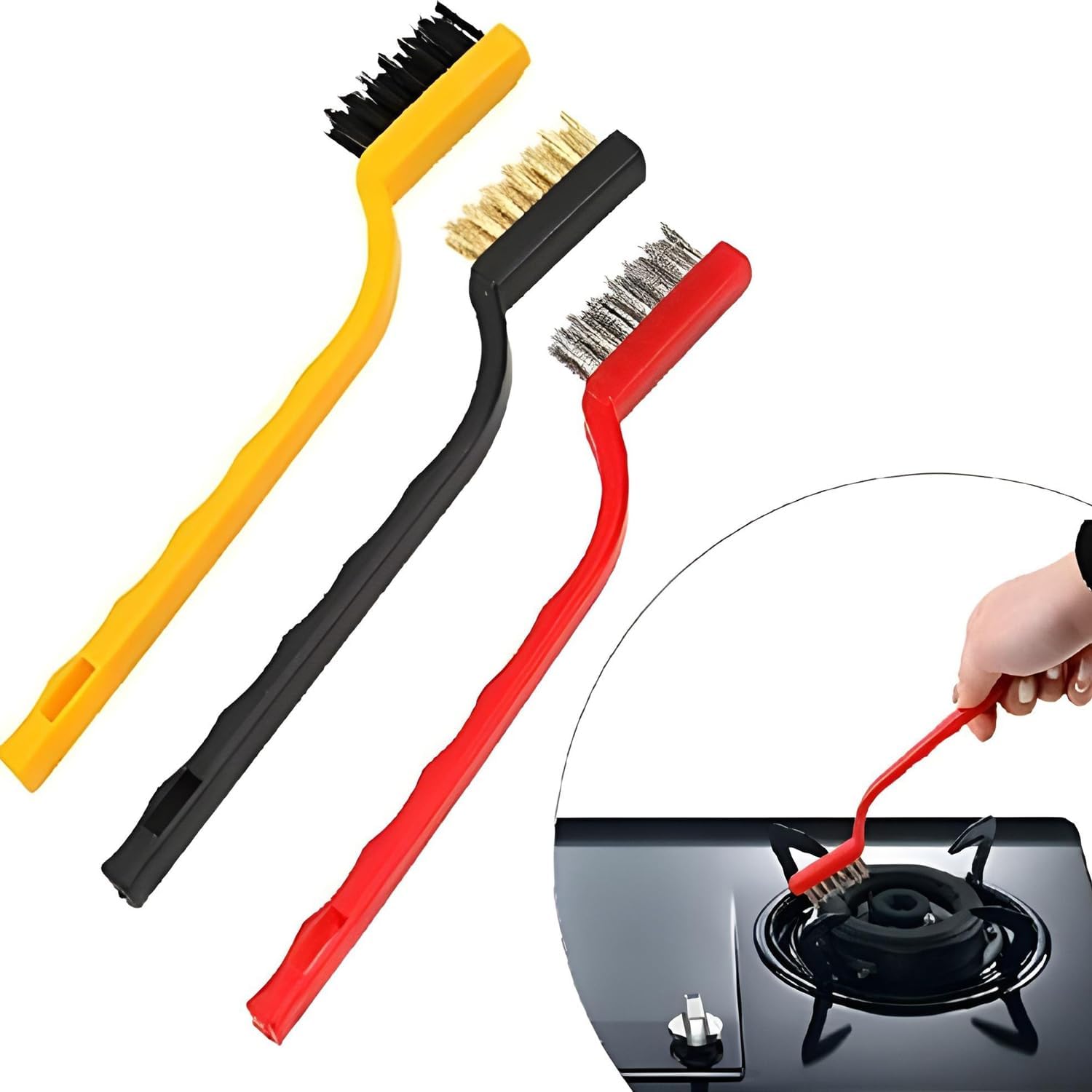 SKYVILLA Mini Wire Brush Set of 3 with Brass | Nylon & Stainless Steel Bristles | Compact and Durable Cleaning Brushes for Rust, Grease, Dirt, Paint Removal, Welding Slag, Gas Stove & Tiles 4