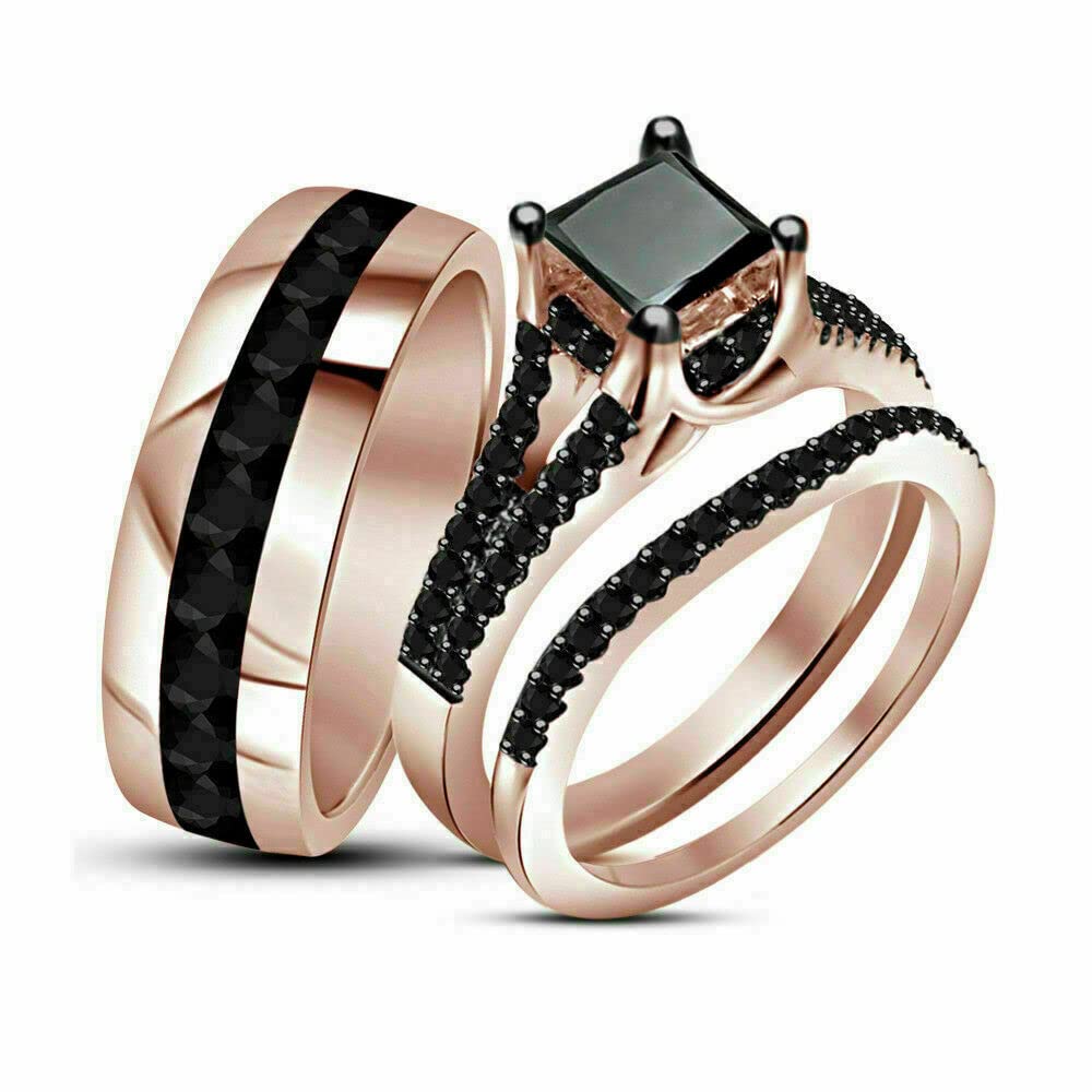 Hriday jewelsHriday Jewels Round Cut Black Diamond in 925 Sterling Silver 14K Rose Gold Over Diamond Wedding Ring Trio Set for Him & Her