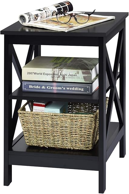 COSTWAY Bedside Table, 2/3-Tier Nightstand Sofa Side End Table with Storage Shelf, Modern Wooden X-Shaped Coffee Snack Table for Living Room, Bedroom and Office (Black, 3 Tiers: 40 x 40 x 61cm)