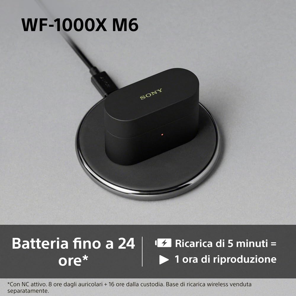 Sony WF-1000XM6: auricolari wireless top di gamma con noise cancelling, suono Hi-Res, chiamate nitide, EQ a 10 bande, autonomia fino a 24 ore NC on, IPX4, iOS/Android - Black